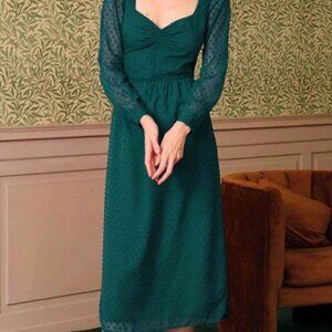 NWT Rihoas Sweetheart Neckline Sheer Sleeve Midi Dress Size Medium In Dark Green